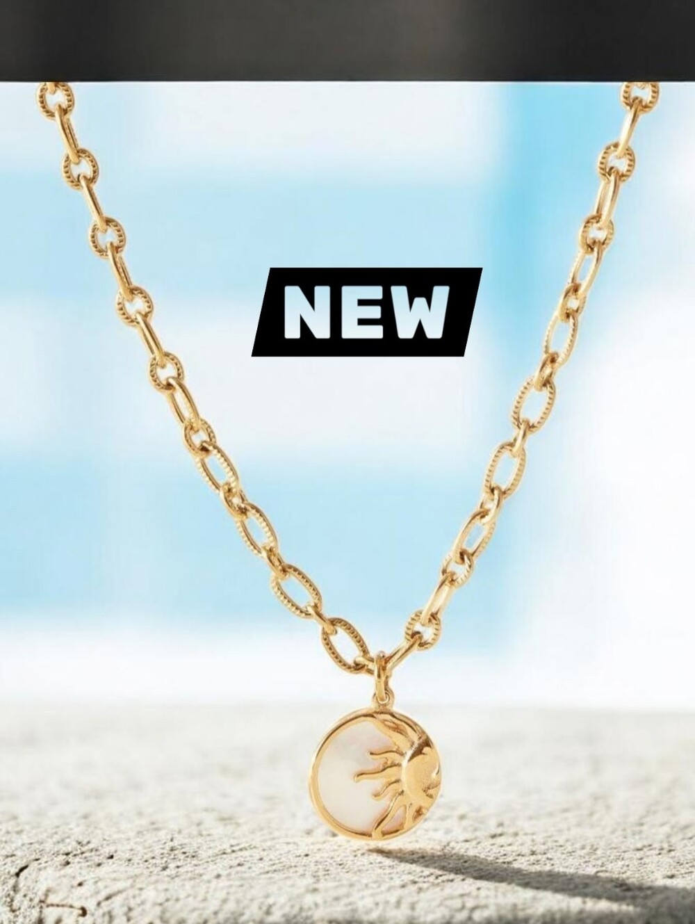 New Gold Tone Sun Pendant Necklace Pearl Effect Celestial Jewelry